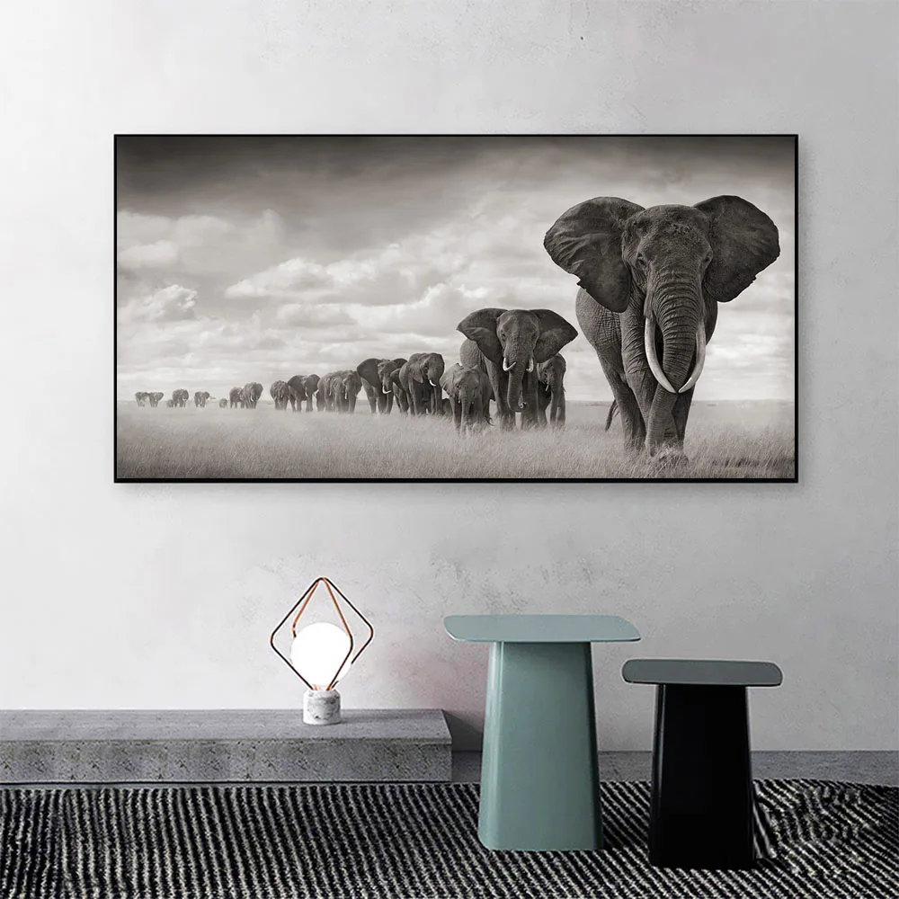 Modern Black White Elephant Print Canvas Painting,Elephant Herd Realistic Poster Wall Art,For Living Room Bedroom Decor,No Frame