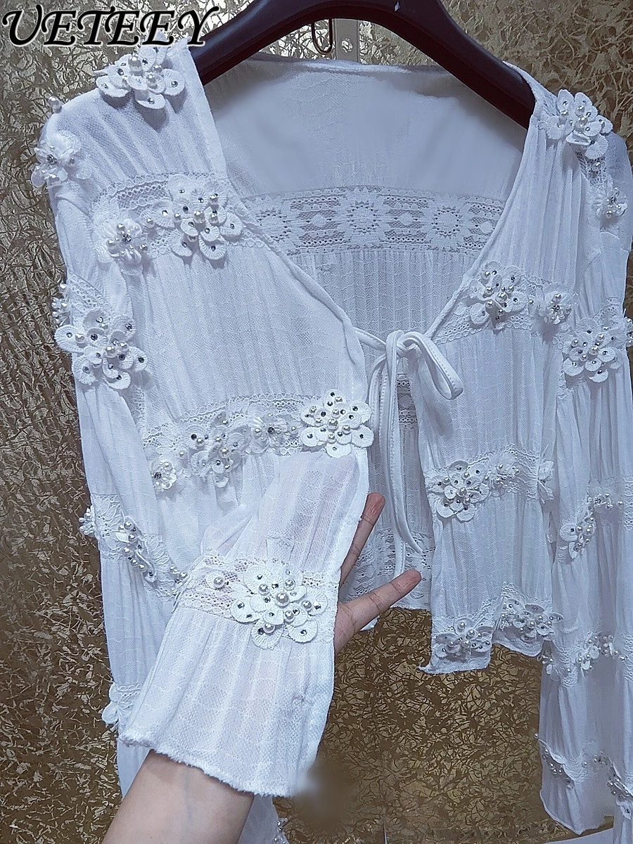 高級重工業ラインストーンフラワーシフォンバブル長袖ショールジャケットスウィートガール多用途レースアップショートコート