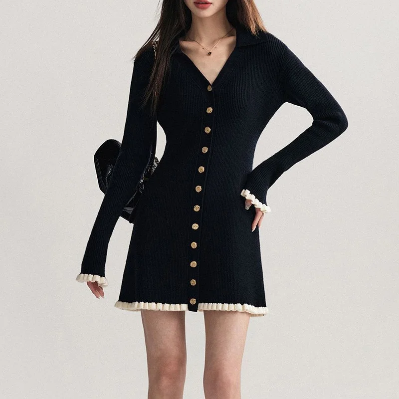 French Fashion Old Money Long Sleeve Knit Dress Women 2000s V-Neck Frock Autumn Winter Lady Vintage Elegant A-line Mini Dresses