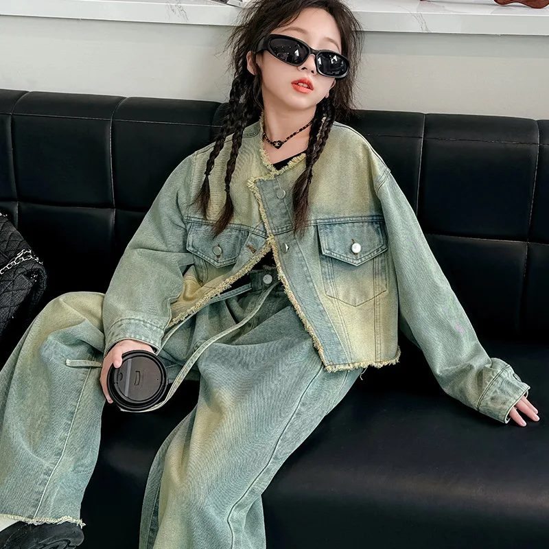 

Korean Spring Autumn Teenager Girl Denim Suit Children Girl Single-breasted Sport Coats+Wide-leg Pants School Girl 2-Piece Sets