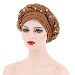 Multilayer Diamonds Braid Turban Caps Women Muslim Headscarf Bonnet Female Headwrap Hat Ready to Wear African Auto Gele Headtie