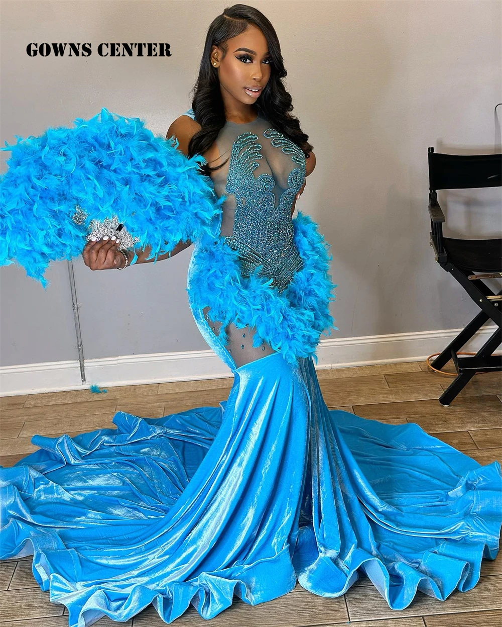 Legend Blue Velvet Feathers Mermaid Crystal Beading Prom Dresses Luxury Designer Party Black Girl Customized robe de bal Customized