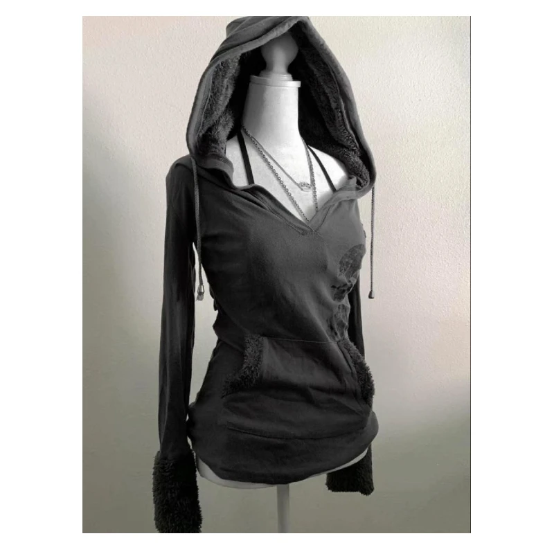 2025 moletom com capuz novo estilo outono e inverno, estilo punk estilo rua com decote em V, top feminino