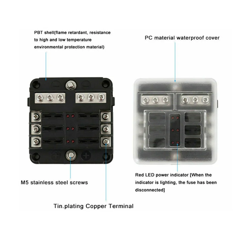YLS-2X 6 Way Waterproof Fuse Block,With LED Indicator With Negative Marine Fuse Box For Dc12-24V Car Boat RV Truck