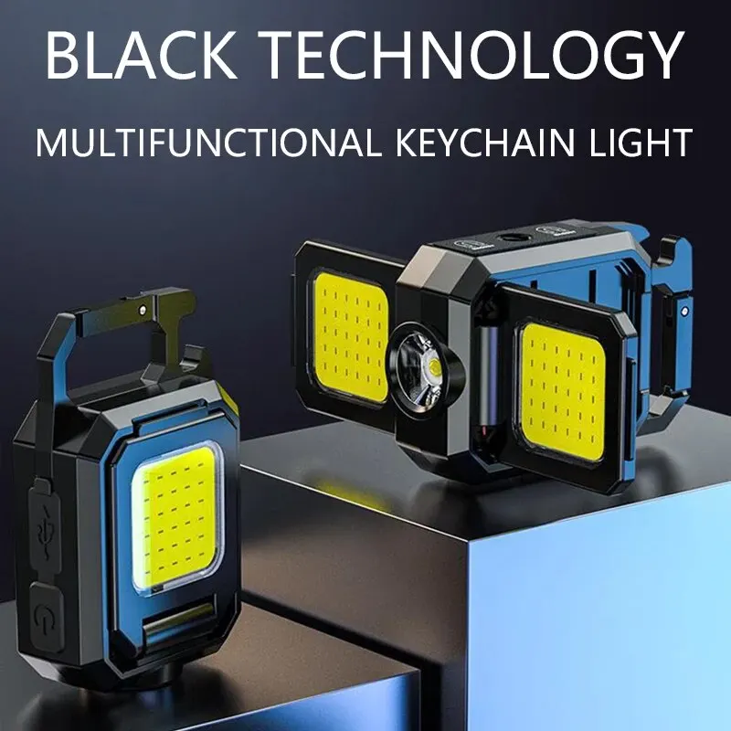 COB Work Light USB Rechargeable Lamp Flashlight Mini Keychain Light with 90° Foldable Side Lights Super Bright Portable Lanterns