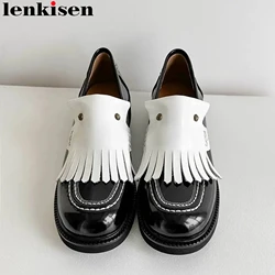 Lenkisen Cow Leather Fringe Chunky Heel Mixed Colors Round Toe Winter Spring Autumn Shoes Dress Lolita Casual Fringe Women Pumps