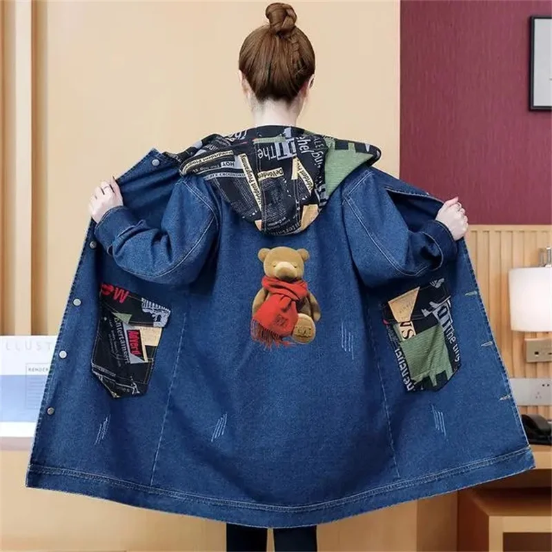 Lady Medium Long Styles Jeans Jacket Korean Female Work Clothes Cowboy Windbreaker Spring Autumn Women Large Size 5XL Denim Coat