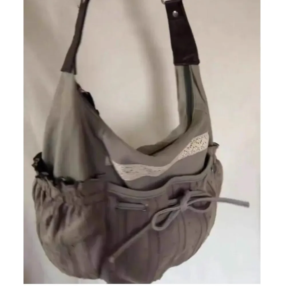 2025 NEW Sweet Cool Bow Canvas Shoulder bags Women Vintage Drawstring Chic Casual Crossbody Bag Ladies Retro Messenger bag bolso image 3