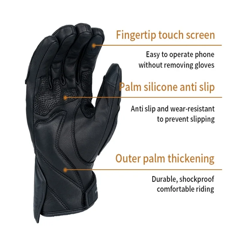 SFK Winter Motorcycle Gloves Men Genuine Goat Leather Carbon Fiber Knuckle Protection Warm Velvet Lining Touchscreen Anti-Slip