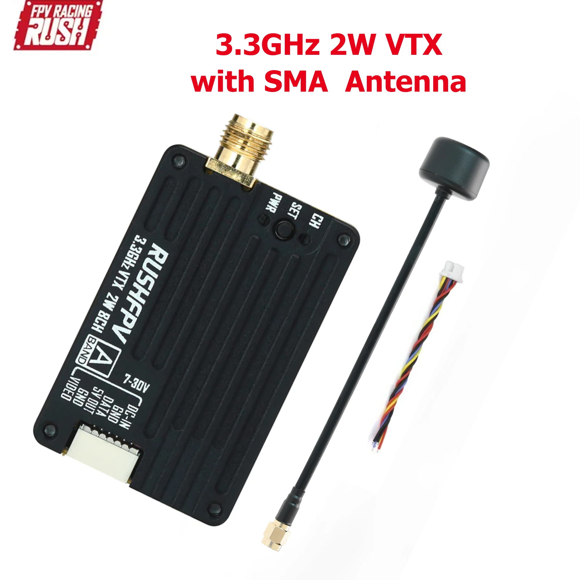 

RUSHFPV VTX 3.3G 2W Transmitter Module with SMA Circular Polarized Antenna Supports IRC Tramp Protocol for FPV Long Range Drone