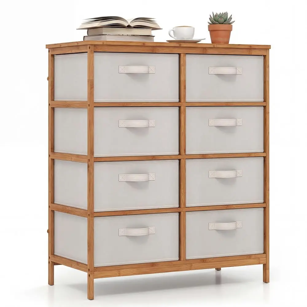Fabric Dresser with 8 Drawers, Bamboo Storage Tower with Foldable Drawers amp Top Shelf, Modern Chest of Drawers, Tall Vertical