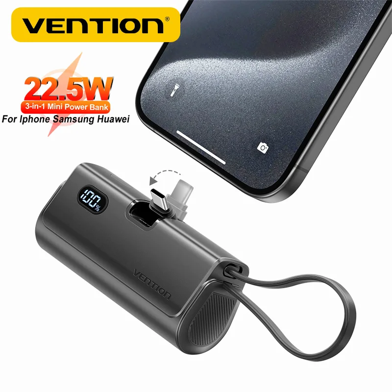 

Vention Power Bank 3 in 1 Mini External Auxiliary Battery Portable Powerbank 4800mAh 22.5W Type C PD Charger for iPhone16 Xiaomi