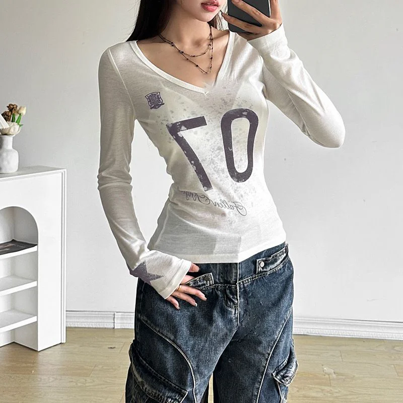 

Letter Printed V Neck Long Sleeve T-shirt Women Summer Sheer Slim Waist Bottomed Tees Vintage Street Spicy Girls Tops