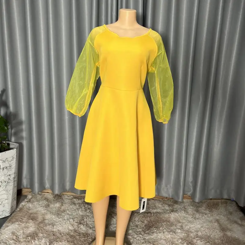 2024 African Party Evening Dresses for Women Spring Africa 3/4 Sleeve O-neck Yellow Purple White Midi Dress Africa Clothing M-XL