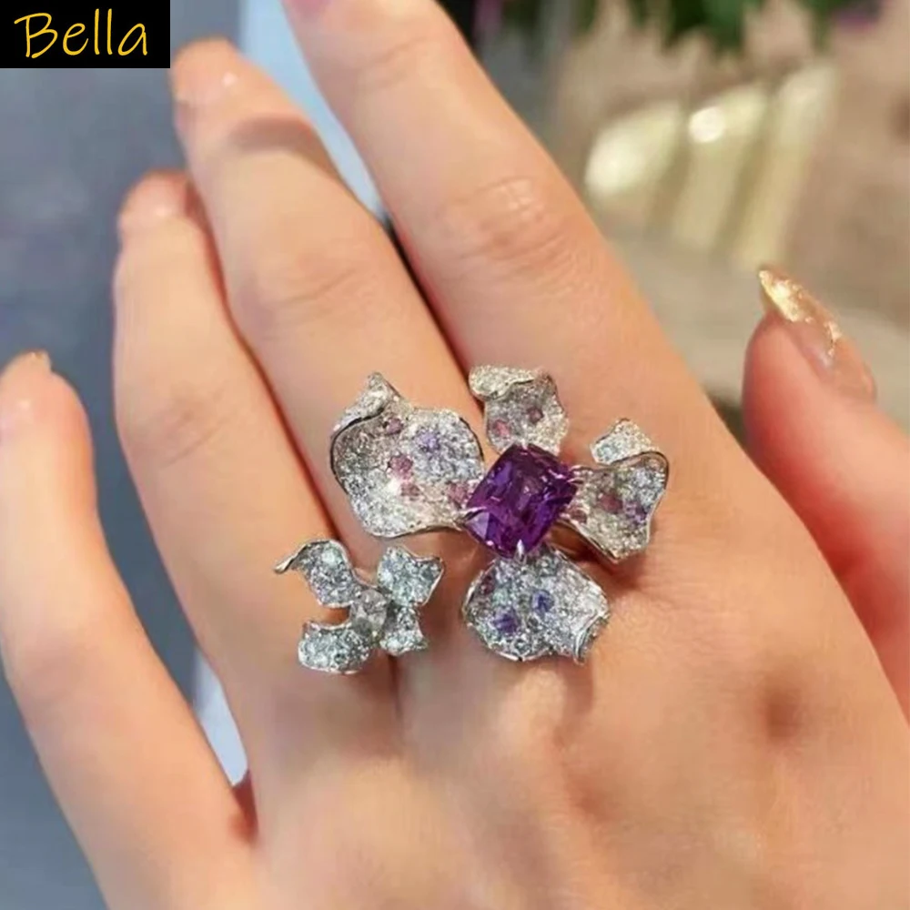 

large purple flower ring shiny zirconia silver color unique 3D flower opening ring for women dinner party daily wear