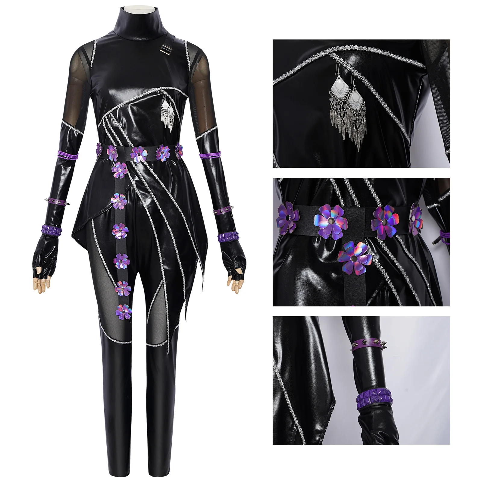 Kpop Outfits Women Black Purple PU Leather Set Y2K Cyberpunk Streetwear Sexy Mesh Patchwork Jazz Dance Performance Costume view 6