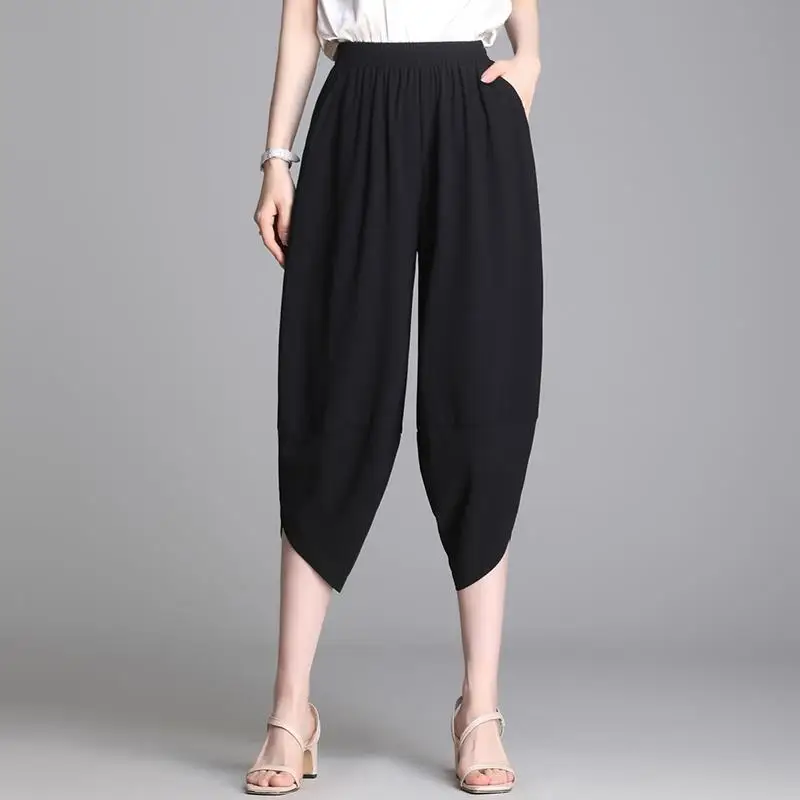 Fashion Women Summer Black Bloomers Capris Korean Clothing Versatile Casual Pants Slim Elastic High Waist Thin Vintage Trousers