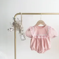 Newborn Baby Clothes Summer and Autumn Cute Princess One-piece Pink Mesh Solid Color Sweet Pullover Lotus Leaf Collar Cotton