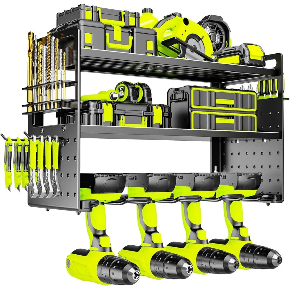 

Power Tool Organizer Wall Mount, Drill Holder with Hooks & Screwdriver Organizer, Heavy Duty Iron 3 Layers Garage Storage Shelf