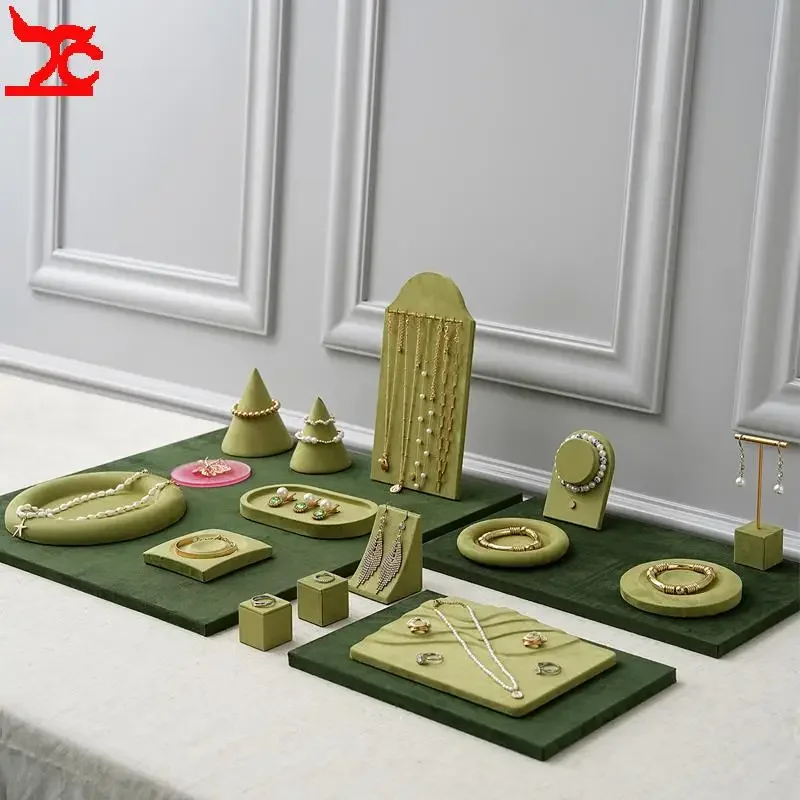 

Jewelry Display Stand Apple Green Suede Fabric Bracelet Necklace Storage Rack Earrings Rings Accessories Multi-Type Display