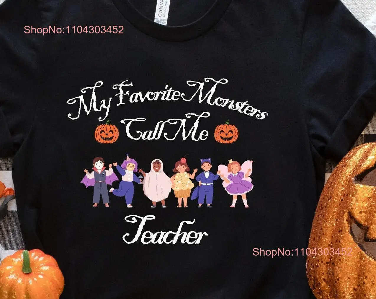 Cute Funny Halloween T Shirt for Teachers Elementary Kindergarten Preschool Class Party Trick Trunk or Treat Favorite Monsters