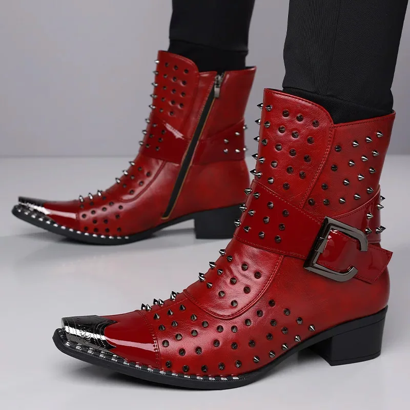 Plus Size 48 Men's Punk Metal Rivet Thick High Heel Ankle Boots Personality Pointed Toe Leather Boots Men Designer Studded Botas