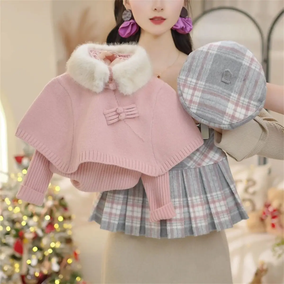 

Комплект для девочек: свитер и юбка в клетку, осень-зима 2026, новинка, универсальный, теплый, вязаный, с высоким воротом, базовый свитер и юбка, комплект из двух предметов