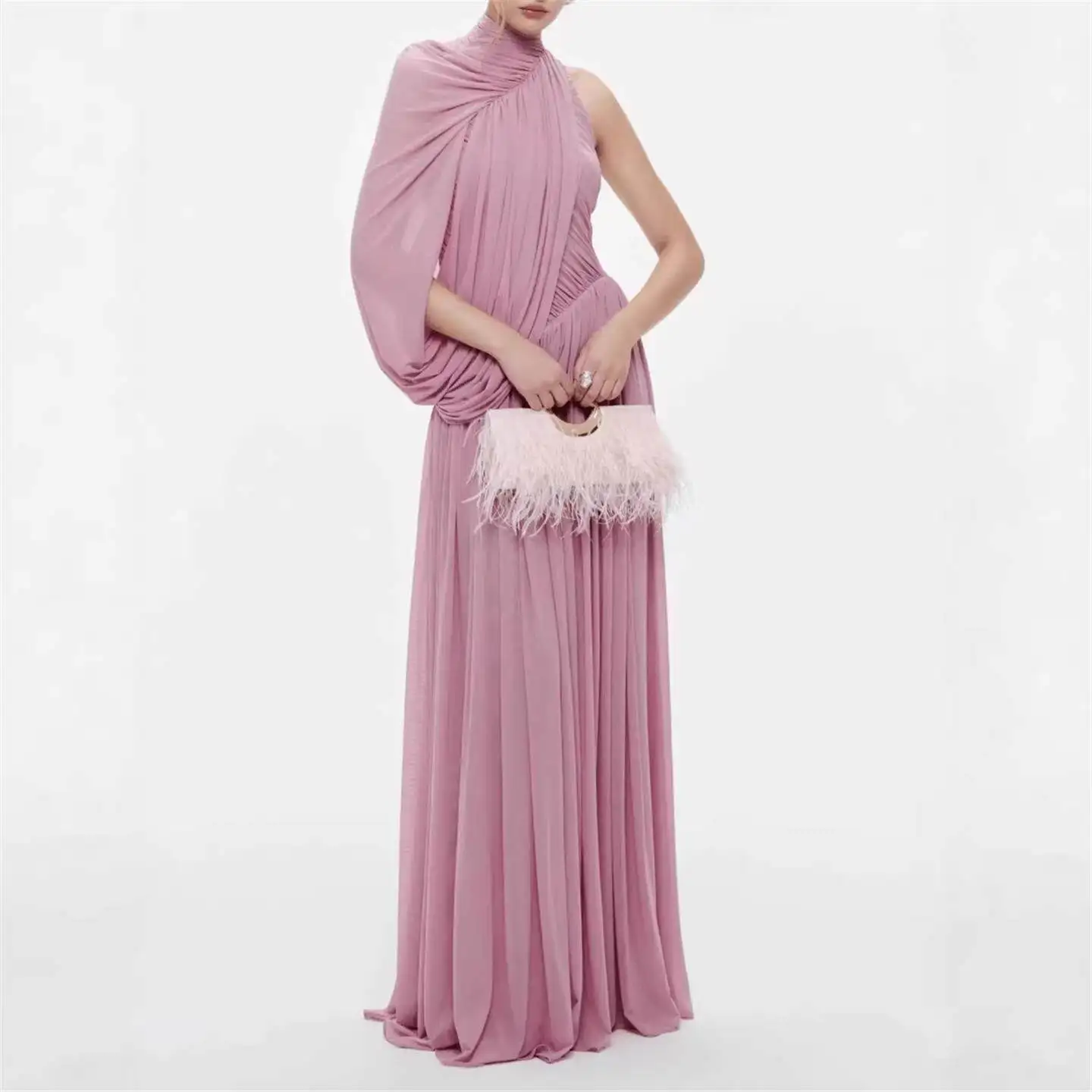 

Fashionable Slimming Cross-Border Women's Dress with Hanging Neck Pleats Elegant Atmosphere Short Sleeve High Waist Leather