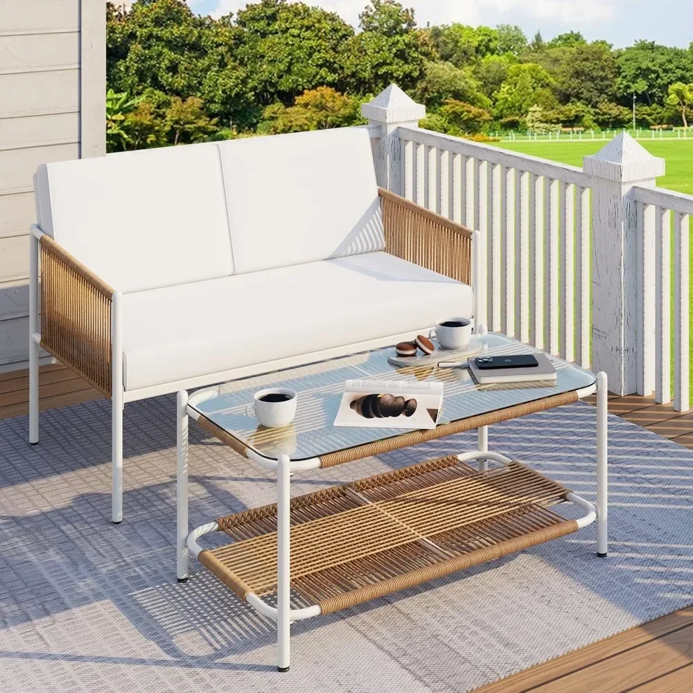 Sofas Outdoor Patio Furniture Rattan Conversation Set, All Weather Patio Set Loveseat for Backyard, Balcony,Porch with Soft Sofa