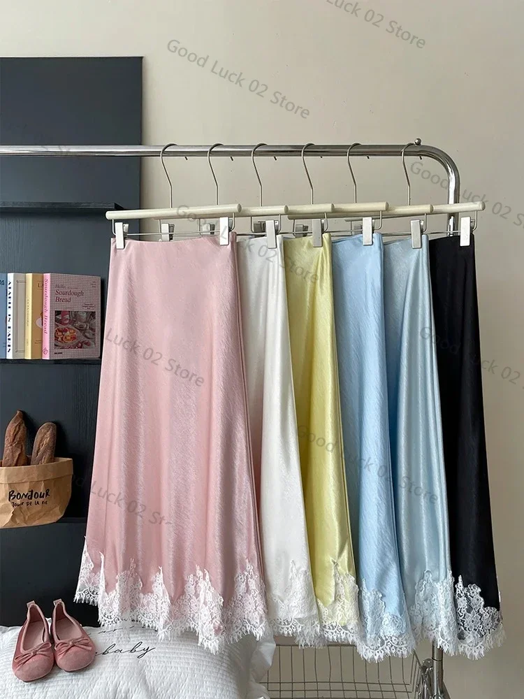 

2025 French Elegant Satin Mermaid Skirt Women Spring Summer Lace Patchwork Pack Hip Long A-line Skirts Office Ladies Faldas