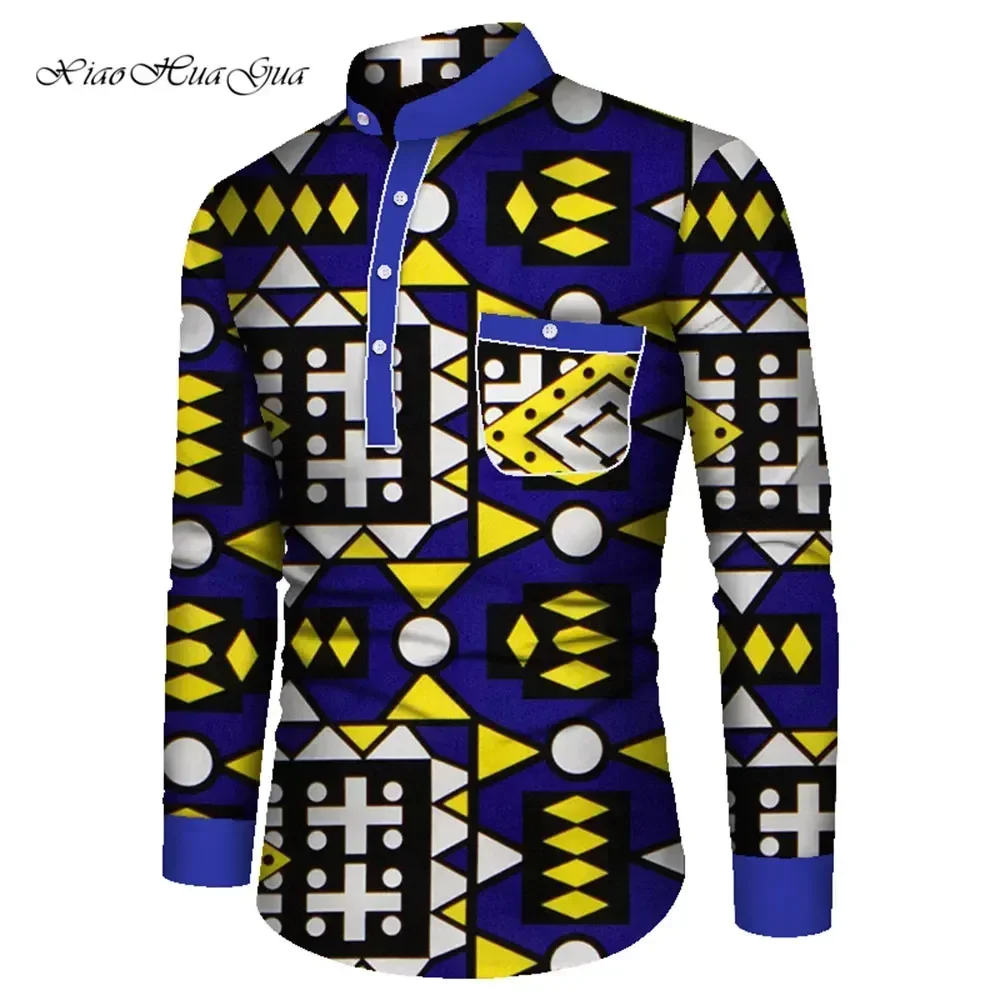 Bazin Riche Men Dashiki Shirt Traditional African Clothes for Men Long Sleeve Cotton Tops African Print Causal Shirts WYN861