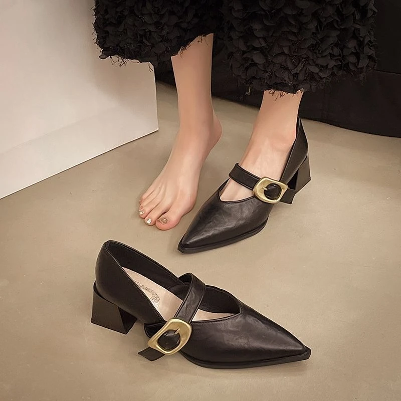 

2025 Spring and Autumn New Women's Mary Jane Korean Style Chunky Heel Leather Shoes​ Fashion Buckle Pointed Toe Footwear