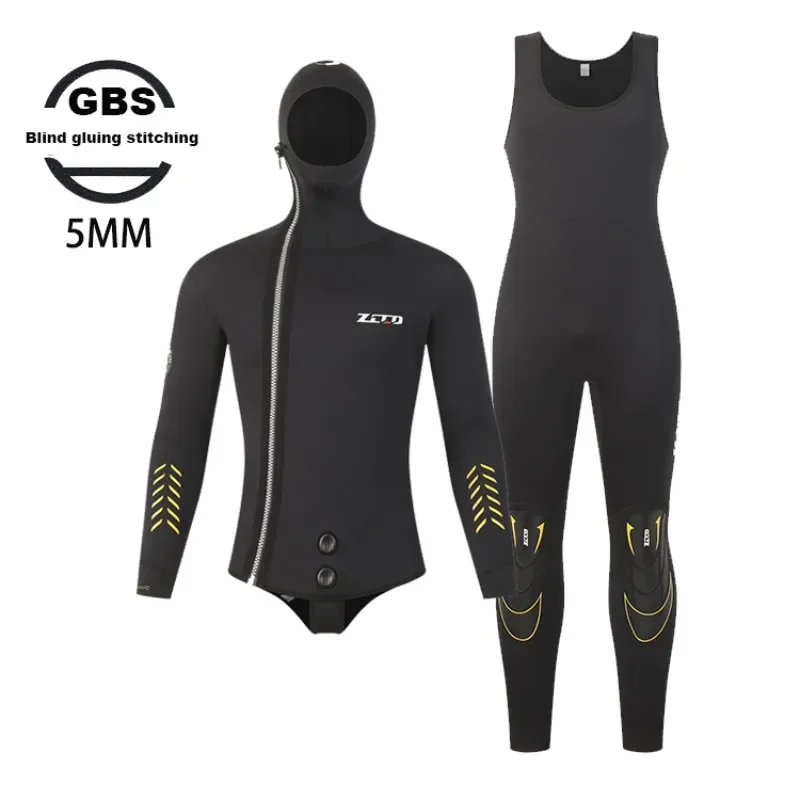 Wetsuit 5mm 2-Piece Hooded Diving Suit, Men's Scuba Wetsuit for Spearfishing, Cold Water Diving, Windproof, Blindstitched