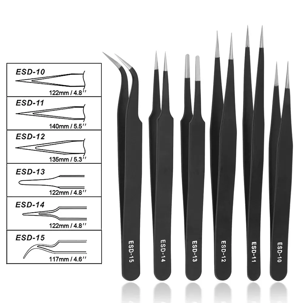 1PCS Precision Tweezers Set ESD Anti-Static Stainless Steel Tweezers Repair Tools for Electronics Repair Soldering Craft