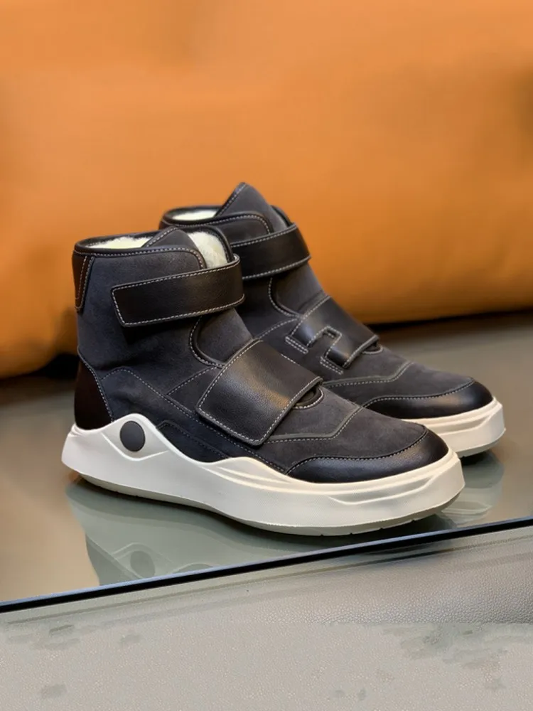 الرجال مريحة الشتاء موضة هوك حلقة الجلد المدبوغ المرقعة جلد طبيعي الصوف بطانة الدافئة جولة تو عدم الانزلاق الذكور حذاء من الجلد #5