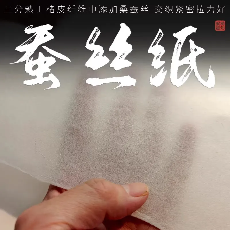Handmade Silk Xuan Paper (30% Ripe), 5 Sheets Chinese Calligraphy Rice Paper for Ink Rubbing