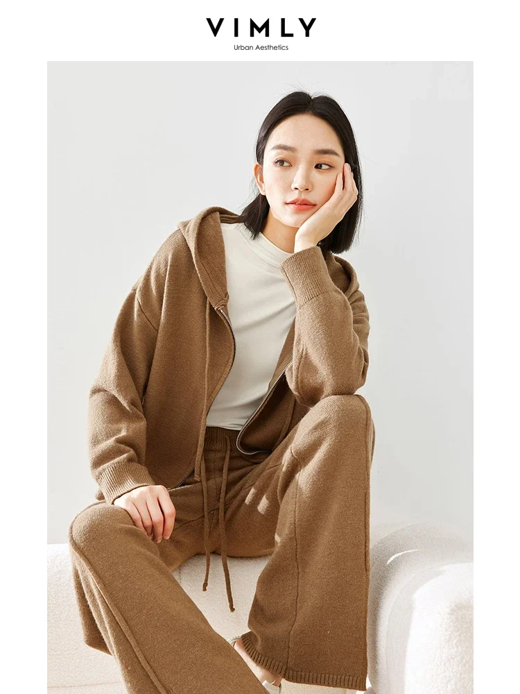 Vimly Spring Knitwear Women Knit 2 Piece Pant Sets Full-zip Hooded Sweater Coat Split Wide Leg Pants 2024 Female Clothing 1