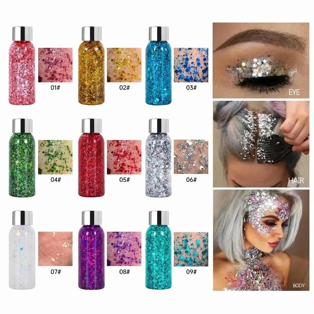 Gel, Sequins Face & Body Glitters Nail Hair Face Body Decoration Nine Colors Art Sequins Gel Artistic Makeup Eye Glitters Cream
