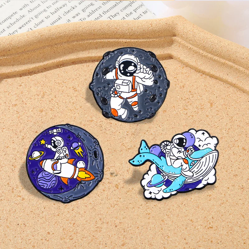 Cartoon Space Astronaut Enamel Brooch Rocket Whale Moon Planet Lapel Pin Galaxy Universe Badge for Clothing Backpack Decor Gift
