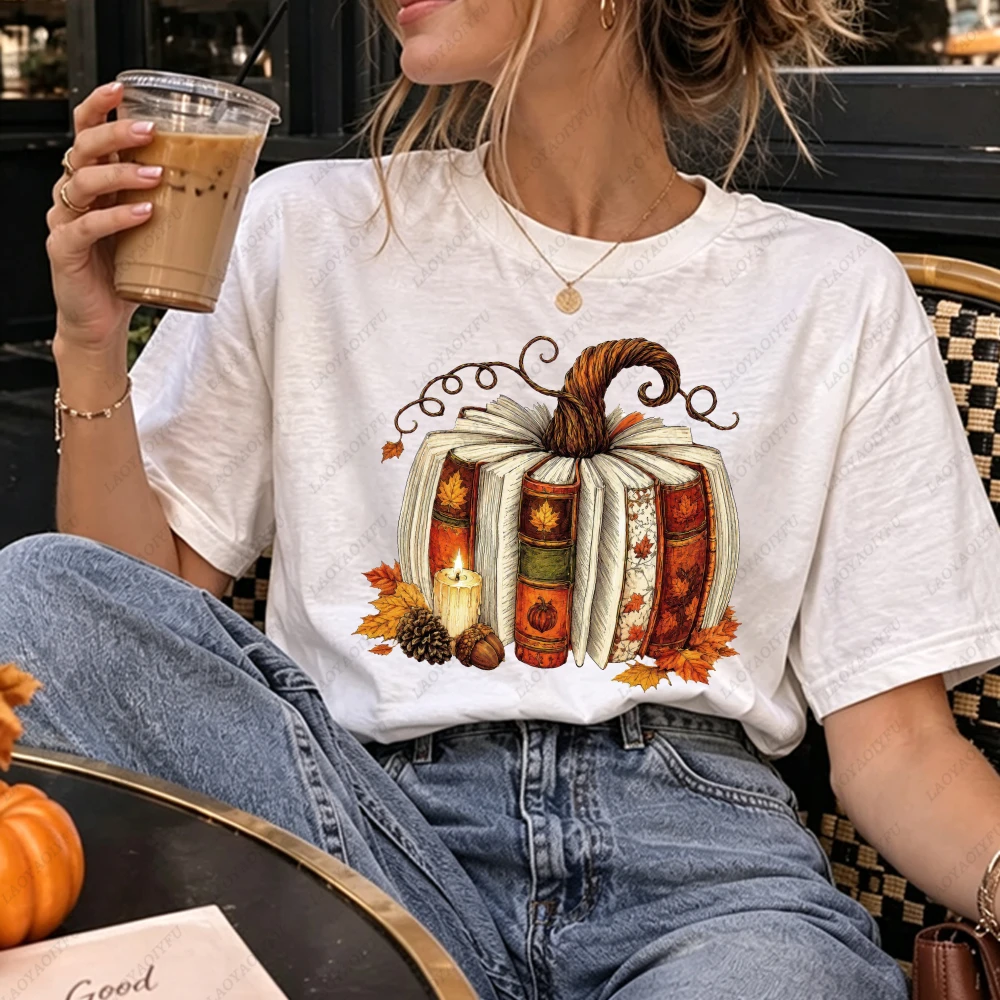 Pumpkin Book Stack Candle Reading Lover Graphic Women Casual Short Sleeve Cotton T-Shirt Vintage Fall Librarian Book Lover Tee