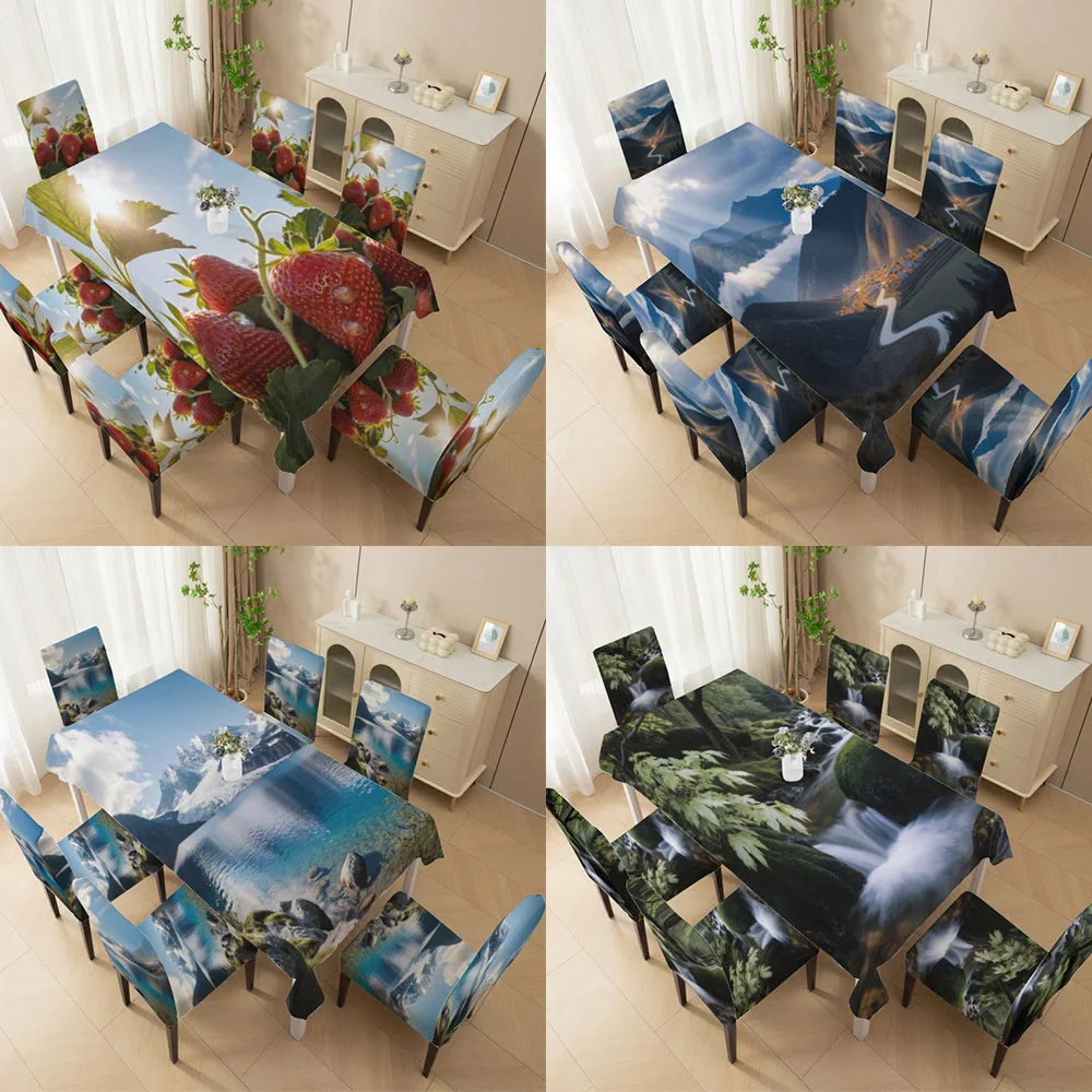 High Back Dining Chair Set, Elastic Chair Cover Strawberry Lake Stream Valley Pattern, Dining Room Living Room Outdoor Patio