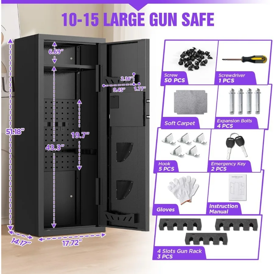 1015Gun Capacity Rifle Safe with Quick Access Digital Keypad for Home Security: AntiTheft and AntiPry Design Featuring Adjustab
