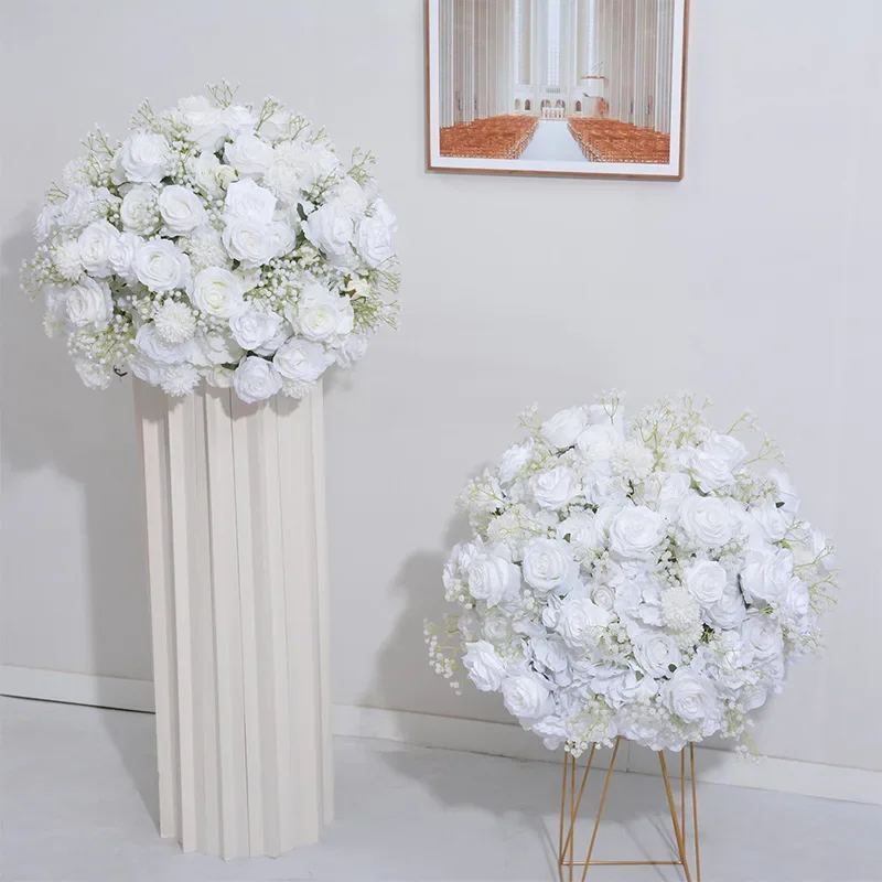 40/80cm Pure White Cream Rose Baby's Breath Flower Ball Wedding Table Centerpiece Display Vase Artificial Flowers