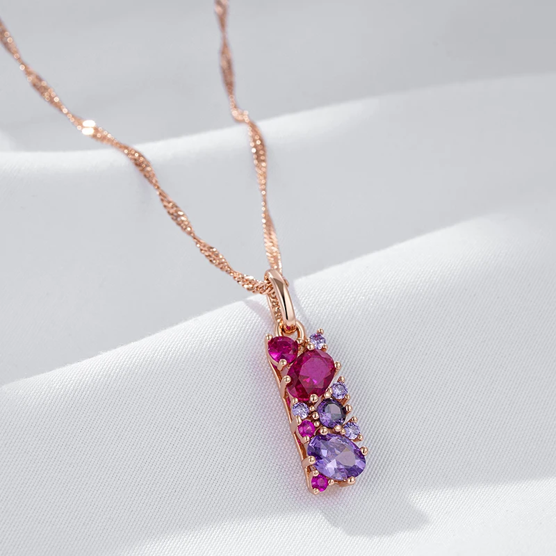 Kinel Hot Shiny Red Purple Natural Zircon Pendant Necklace for Women 585 Rose Gold Color Pendant Ethnic Daily Vintage Jewelry