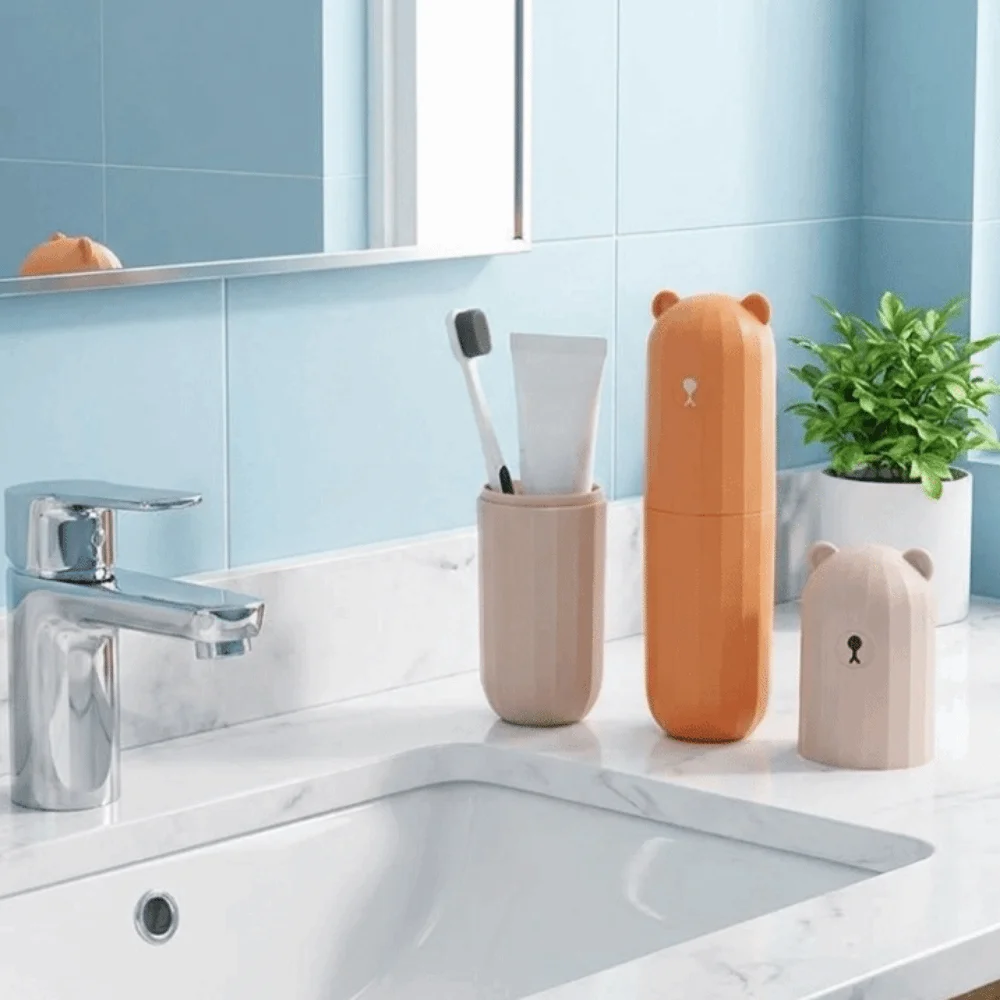 Plastic Travel Toothbrush Cup Large Capacity Cartoon Bear Toothpaste Toothbrush Storage Box Waterproof Dust-proof