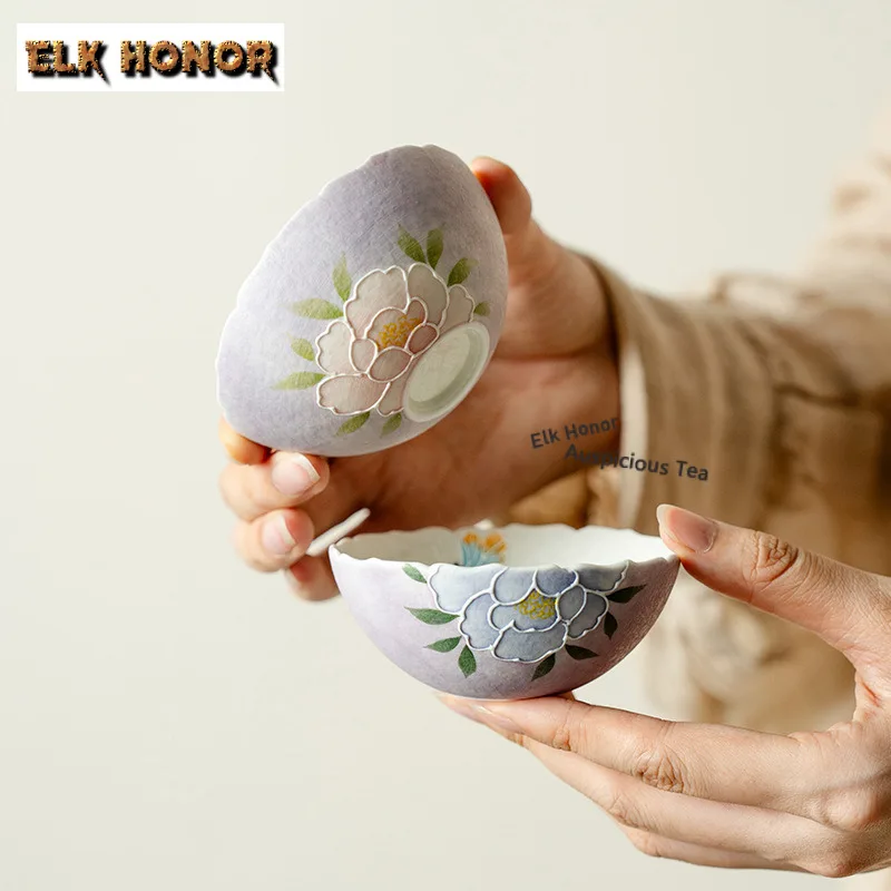 

100ml Hand-painted Peony Inflorescence Teacup Luxury Tea Bowl Water Jug Tea-tasting Fragrance Cup Jianzhan Master Cups Teaware