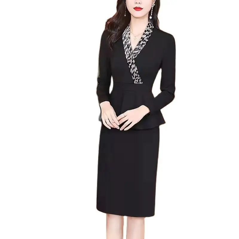 

Summer dress fashion elegant retro stitching high waist long sleeves V collar casual party Bodycon pencil jacket dress Vestidos