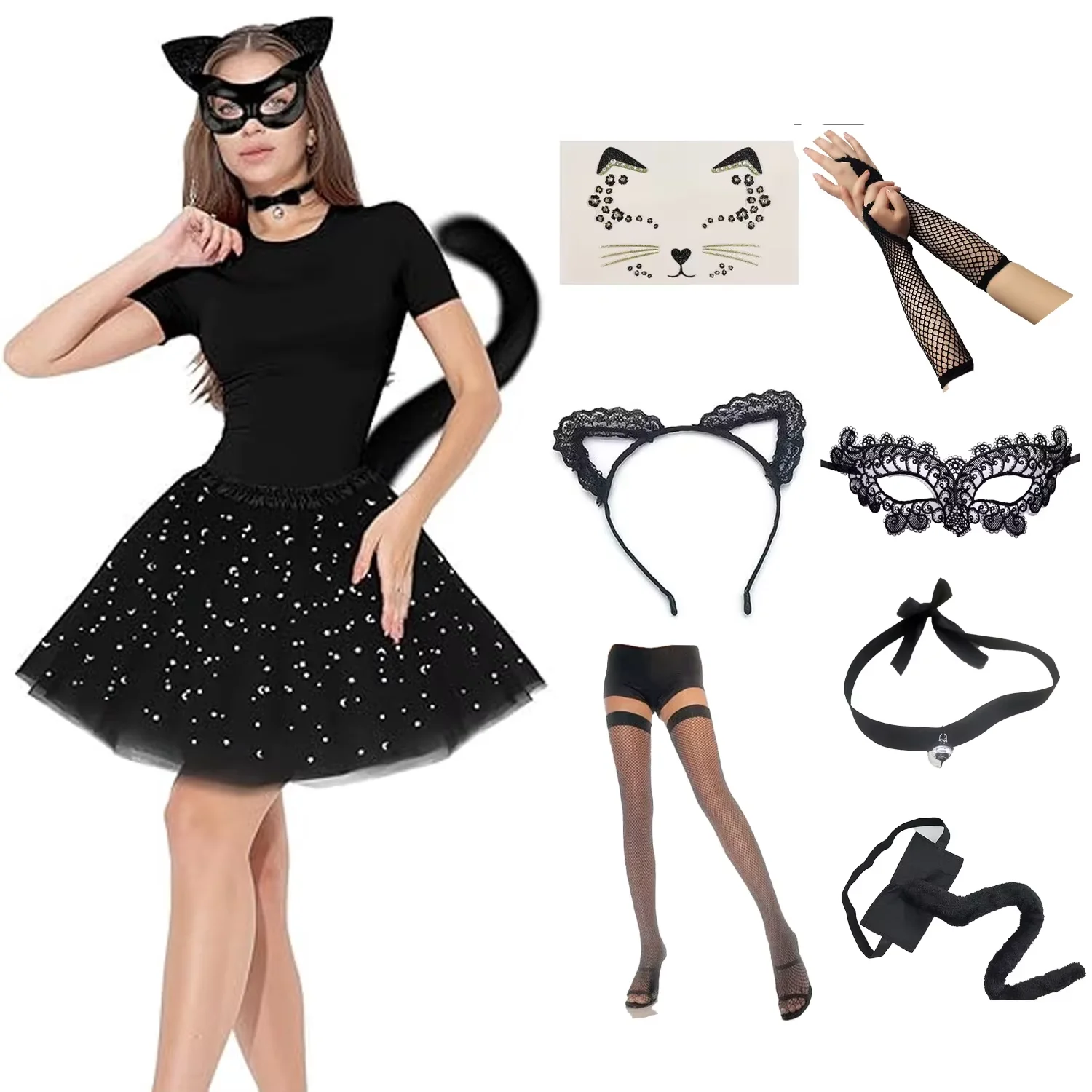 

PESENAR Black Cat Costume for Women, Halloween Masquerade Mask, Lace Ears, Gloves, Tail, Choker Necklace
