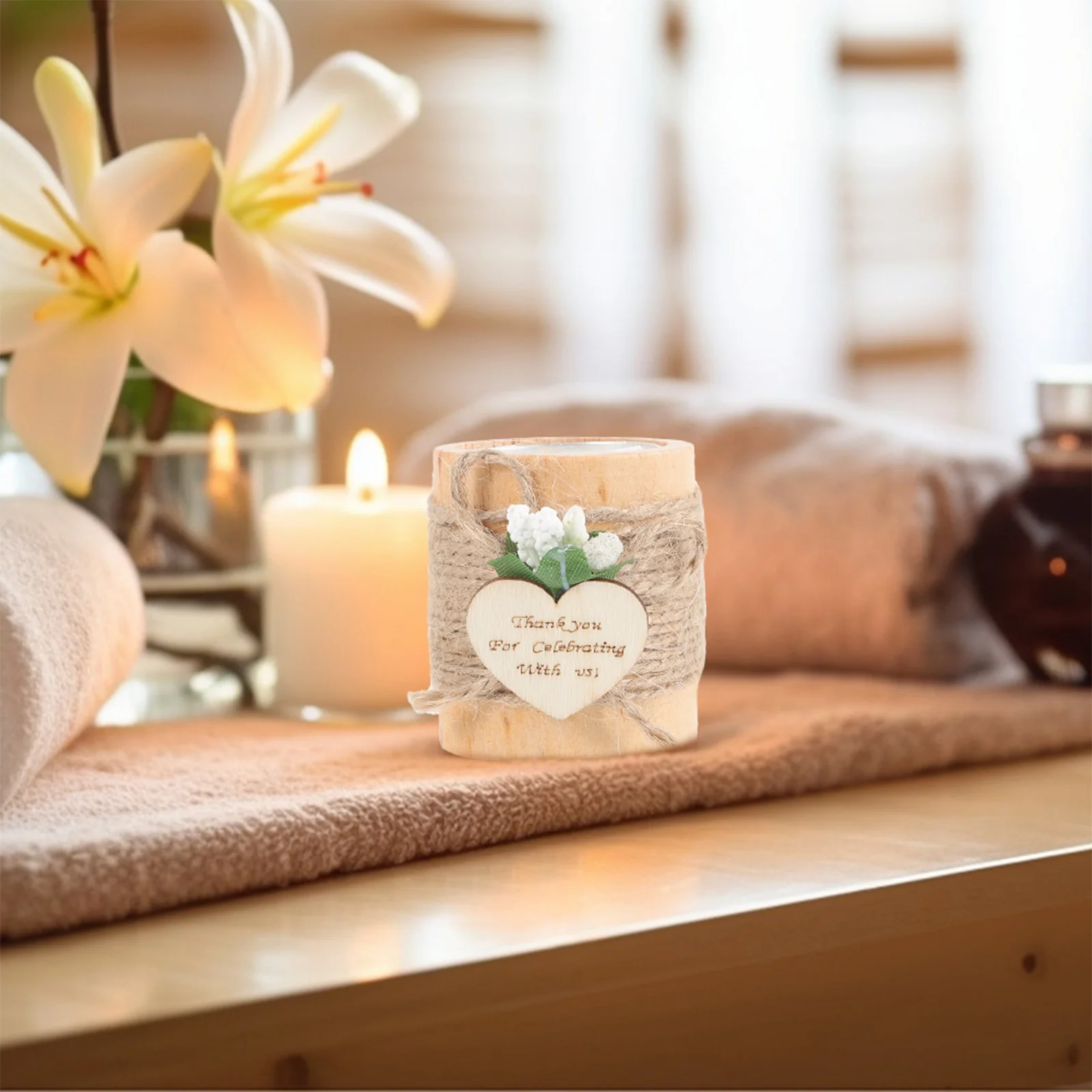 حامل خشبي صغير للشاي، حامل إضاءة لطاولة الزفاف الريفية، حامل هدايا فريد من نوعه