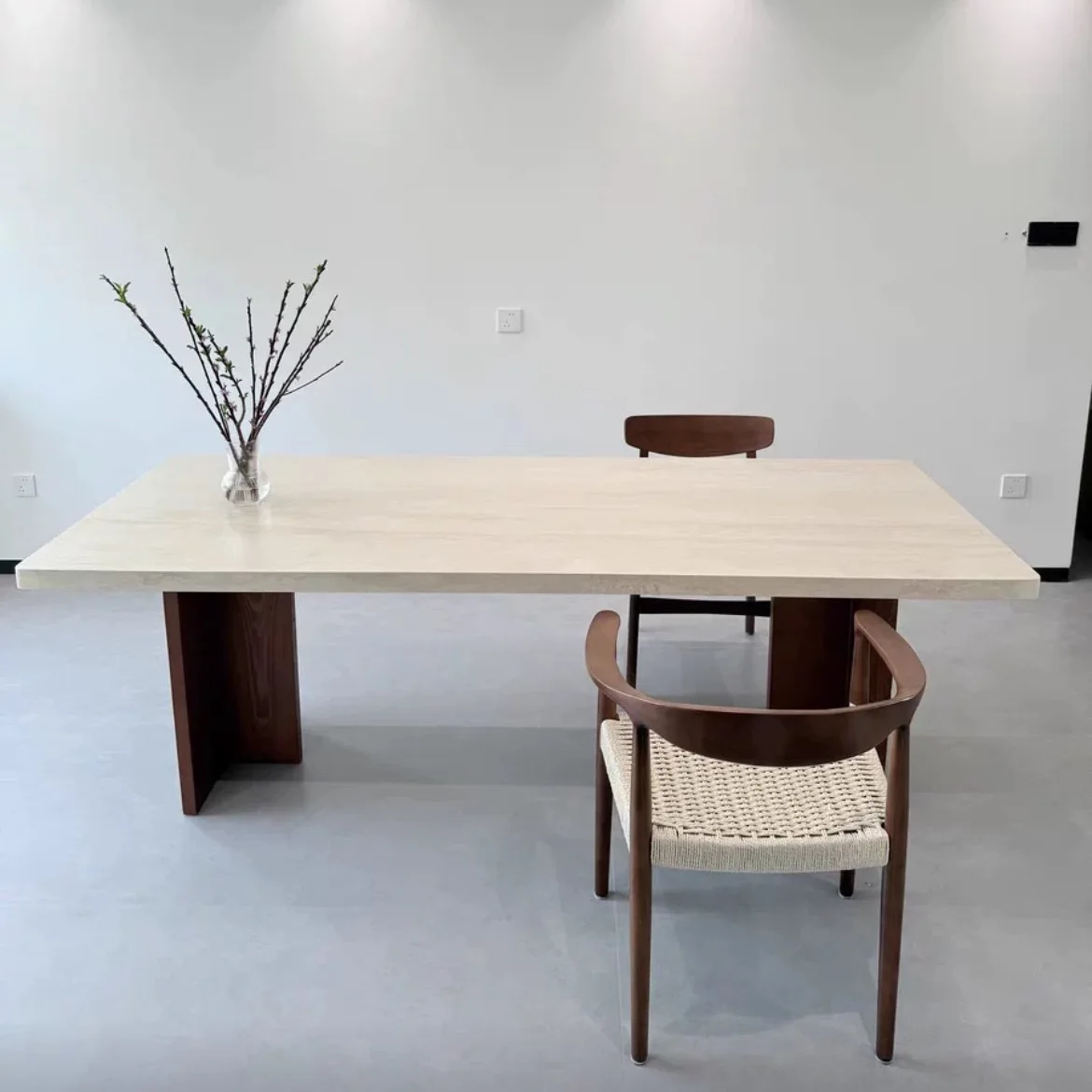 

French bottom hanging travertine rock slab dining table, antique designer original household rock slab solid wood dining table,